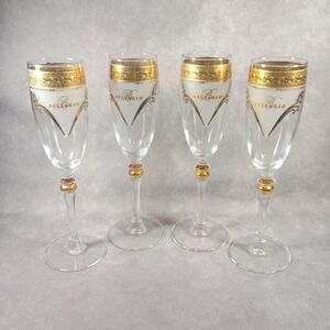 Set of 4 Bellagio Champagne Flutes Gold Band Accents Stemware Vegas Casino Bling